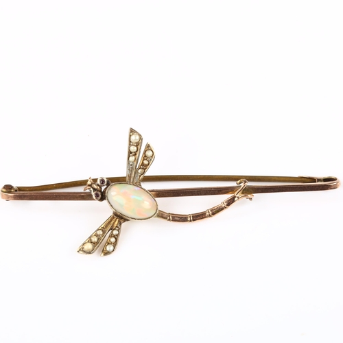 129 - An early 20th century 9ct gold opal pearl and garnet figural dragonfly bar brooch, brooch length 66.... 