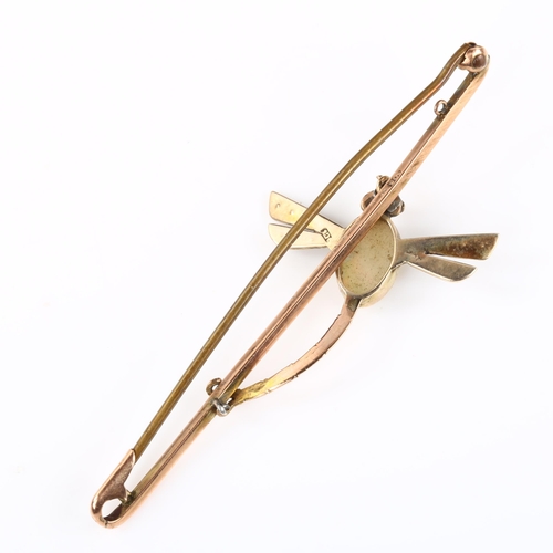 129 - An early 20th century 9ct gold opal pearl and garnet figural dragonfly bar brooch, brooch length 66.... 