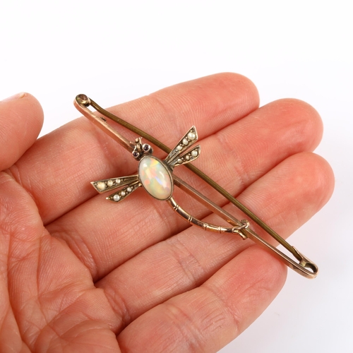 129 - An early 20th century 9ct gold opal pearl and garnet figural dragonfly bar brooch, brooch length 66.... 