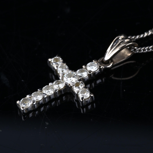 130 - A modern 18ct white gold diamond cross pendant necklace, on 18ct fine curb link chain, pendant heigh... 