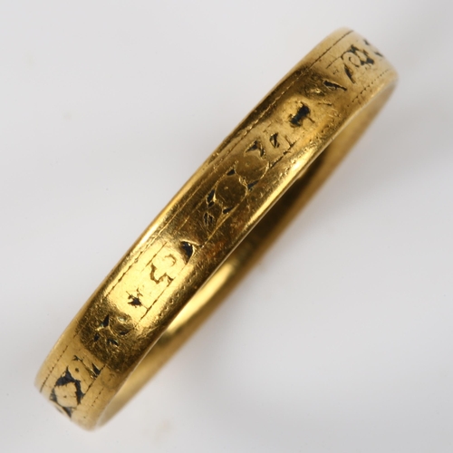 133 - A George III memorial band ring, unmarked gold settings with black enamel and dedication 