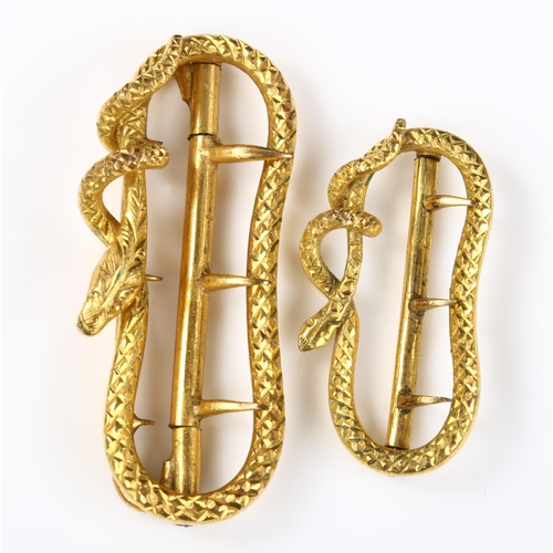 135 - A graduated pair of Victorian Mercurial gilt-metal figural snake/serpent buckles, maker's marks CW &... 