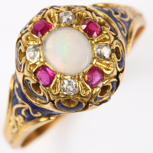 136 - An Antique Continental opal ruby diamond and blue enamel dress ring, unmarked gold settings, setting... 