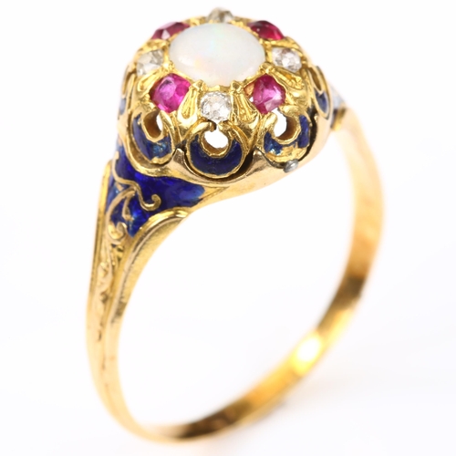 136 - An Antique Continental opal ruby diamond and blue enamel dress ring, unmarked gold settings, setting... 