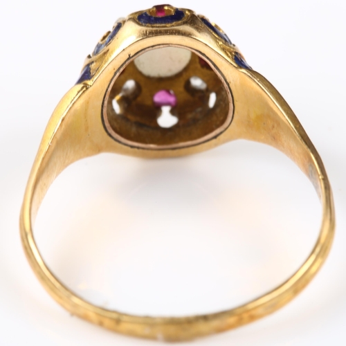 136 - An Antique Continental opal ruby diamond and blue enamel dress ring, unmarked gold settings, setting... 