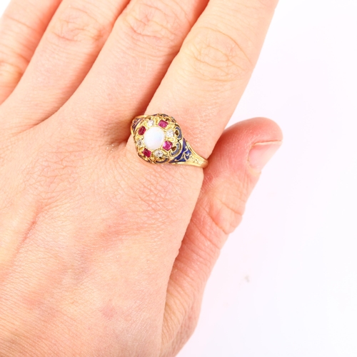 136 - An Antique Continental opal ruby diamond and blue enamel dress ring, unmarked gold settings, setting... 