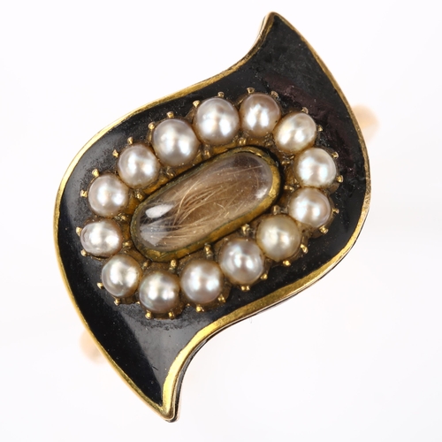 138 - An Antique pearl and black enamel memorial ring, with central hair panel under convex glass, setting... 