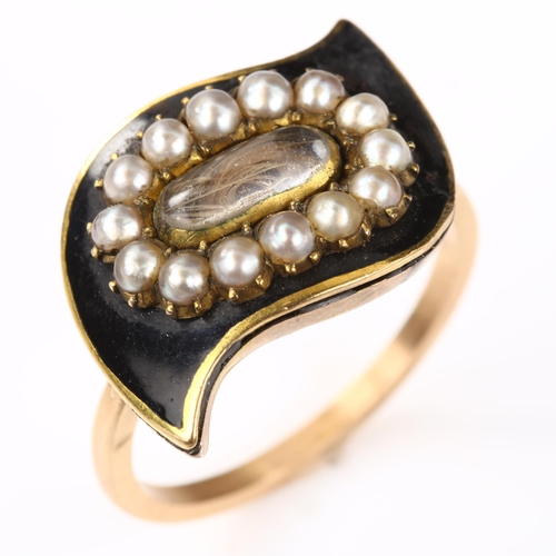 138 - An Antique pearl and black enamel memorial ring, with central hair panel under convex glass, setting... 