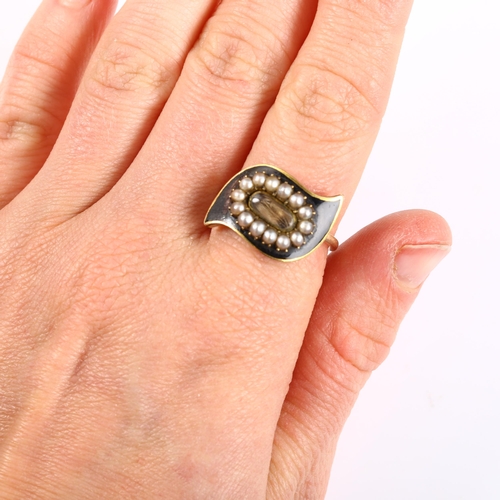 138 - An Antique pearl and black enamel memorial ring, with central hair panel under convex glass, setting... 