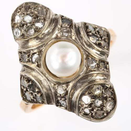 144 - A large Continental pearl and diamond lozenge panel ring, unmarked gold settings with whole pearl an... 