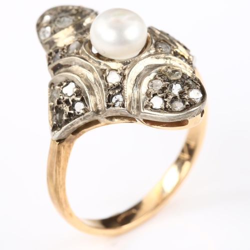 144 - A large Continental pearl and diamond lozenge panel ring, unmarked gold settings with whole pearl an... 