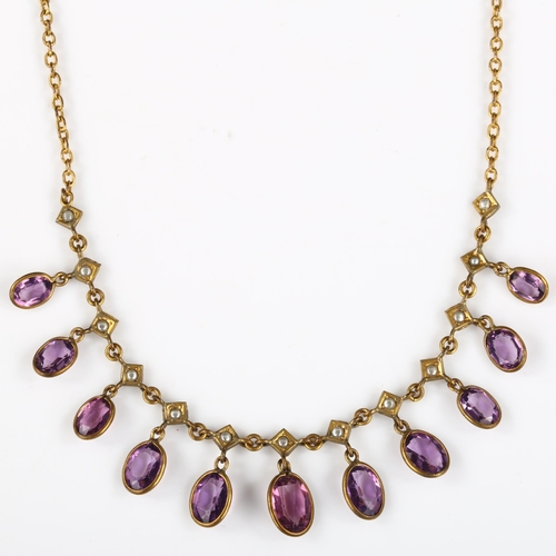 149 - An Edwardian gilt-metal amethyst and pearl fringe necklace, necklace length 42cm, 9.2g