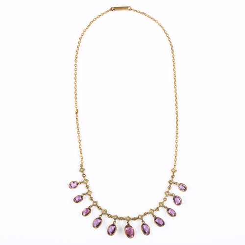 149 - An Edwardian gilt-metal amethyst and pearl fringe necklace, necklace length 42cm, 9.2g