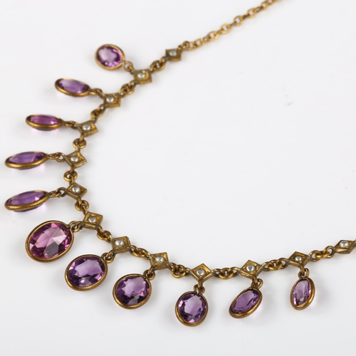 149 - An Edwardian gilt-metal amethyst and pearl fringe necklace, necklace length 42cm, 9.2g