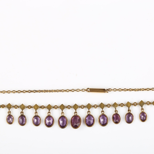 149 - An Edwardian gilt-metal amethyst and pearl fringe necklace, necklace length 42cm, 9.2g