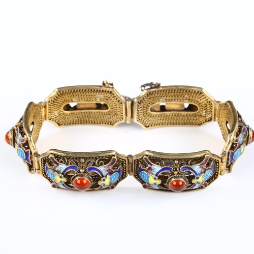 150 - ERIK POUL FENSTER - a Danish silver-gilt enamel and carnelian chinoiserie bat panel bracelet, bracel... 