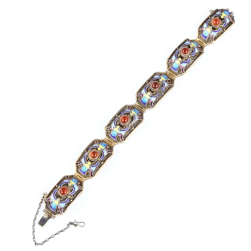 150 - ERIK POUL FENSTER - a Danish silver-gilt enamel and carnelian chinoiserie bat panel bracelet, bracel... 