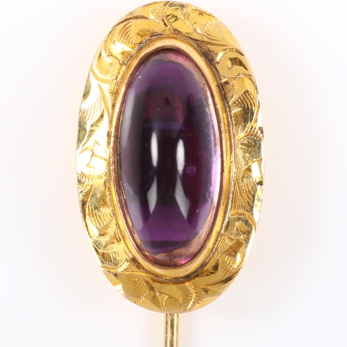 152 - A 9ct gold cabochon amethyst stick pin, bright-cut engraved foliate surround with oval cabochon, sti... 