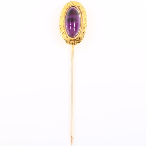 152 - A 9ct gold cabochon amethyst stick pin, bright-cut engraved foliate surround with oval cabochon, sti... 