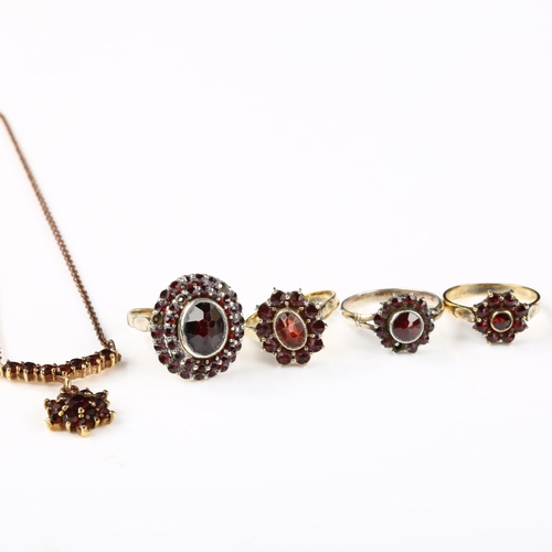 160 - Various garnet jewellery, comprising 4 rings and 1 necklace, ring sizes K, L, N and Q, necklace leng... 