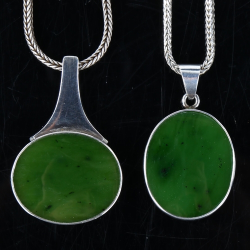 164 - NIELS ERIK FROM - 2 Vintage Danish sterling silver nephrite pendant necklaces, on silver chains, lar... 