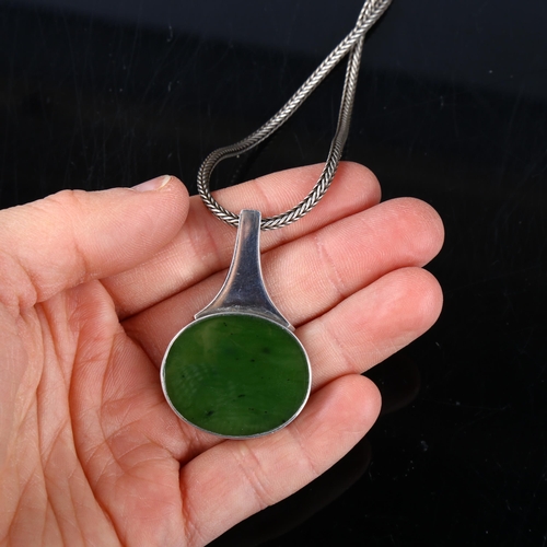 164 - NIELS ERIK FROM - 2 Vintage Danish sterling silver nephrite pendant necklaces, on silver chains, lar... 