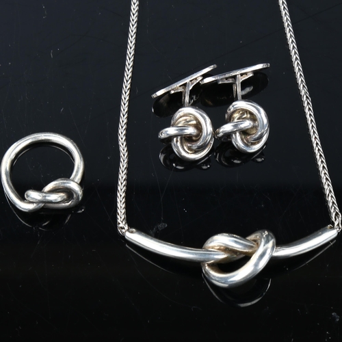 165 - Vintage Danish sterling silver knot jewellery, comprising necklace, ring and pair of cufflinks, make... 