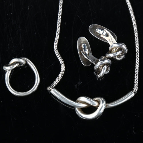 165 - Vintage Danish sterling silver knot jewellery, comprising necklace, ring and pair of cufflinks, make... 