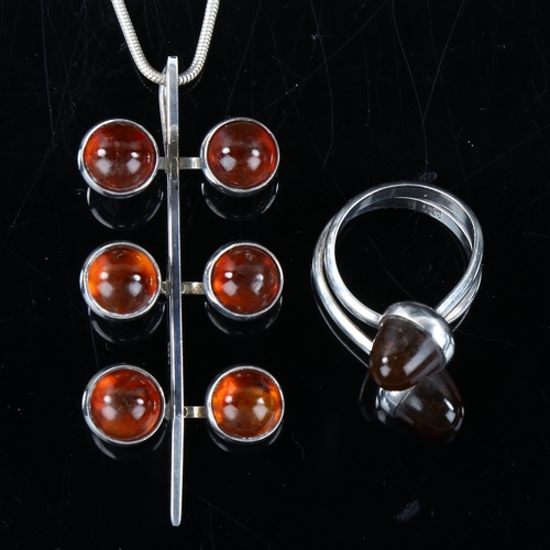 166 - NIELS ERIK FROM - a Vintage Danish stylised sterling silver and amber matching pendant necklace and ... 