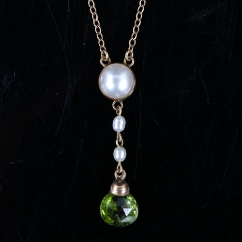 167 - A 9ct gold peridot and pearl line pendant necklace, on 9ct chain, pendant height 31.8mm, chain lengt... 