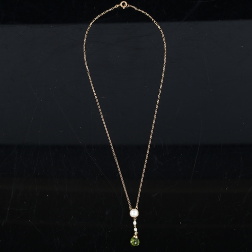 167 - A 9ct gold peridot and pearl line pendant necklace, on 9ct chain, pendant height 31.8mm, chain lengt... 