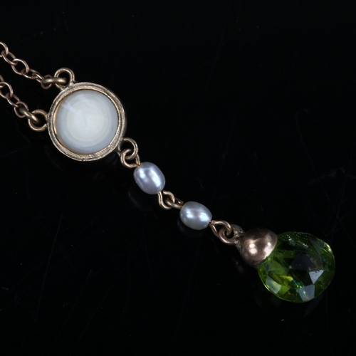 167 - A 9ct gold peridot and pearl line pendant necklace, on 9ct chain, pendant height 31.8mm, chain lengt... 