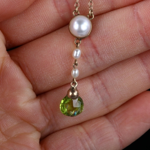 167 - A 9ct gold peridot and pearl line pendant necklace, on 9ct chain, pendant height 31.8mm, chain lengt... 