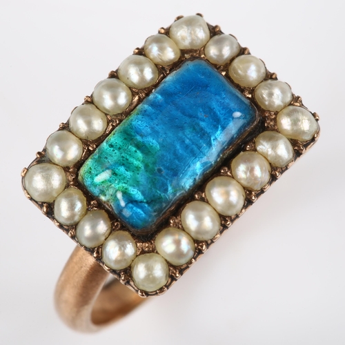 171 - An Antique pearl and peacock enamel cluster memorial ring, unmarked gold closed-back settings with d... 