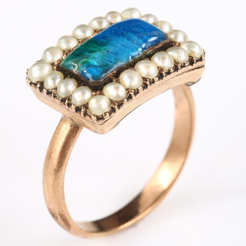 171 - An Antique pearl and peacock enamel cluster memorial ring, unmarked gold closed-back settings with d... 