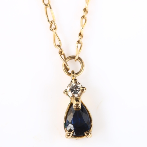 172 - A modern 9ct gold sapphire and diamond pendant necklace, set with pear-cut sapphire and modern round... 