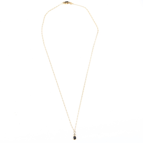 172 - A modern 9ct gold sapphire and diamond pendant necklace, set with pear-cut sapphire and modern round... 