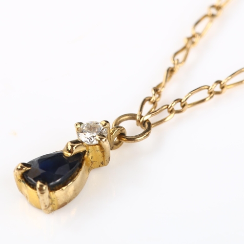 172 - A modern 9ct gold sapphire and diamond pendant necklace, set with pear-cut sapphire and modern round... 