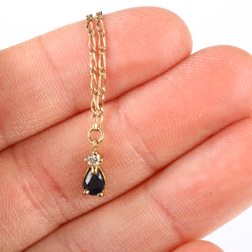 172 - A modern 9ct gold sapphire and diamond pendant necklace, set with pear-cut sapphire and modern round... 