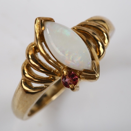 323 - A modern 9ct gold opal and pink tourmaline dress ring, setting height 12.3mm, size N, 3.8g