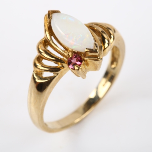 323 - A modern 9ct gold opal and pink tourmaline dress ring, setting height 12.3mm, size N, 3.8g