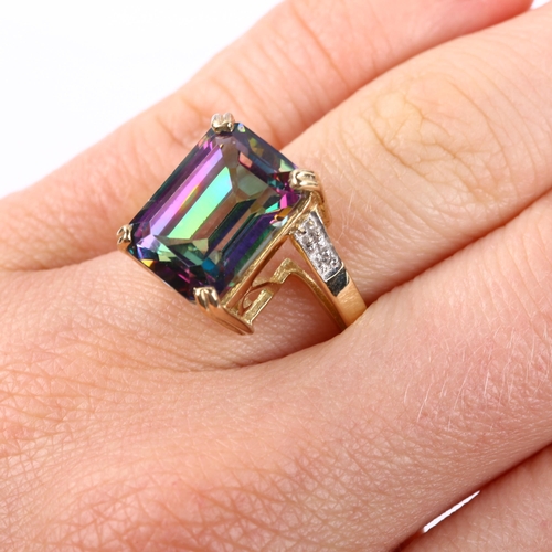 324 - A modern 9ct gold mystic topaz and diamond dress ring, setting height 14.4mm, size N, 5.6g