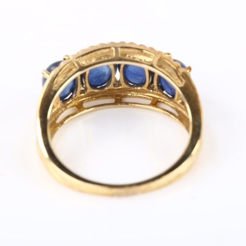 325 - A modern 9ct gold sapphire half hoop ring, setting height 9mm, size N, 3.6g