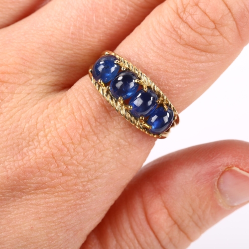 325 - A modern 9ct gold sapphire half hoop ring, setting height 9mm, size N, 3.6g