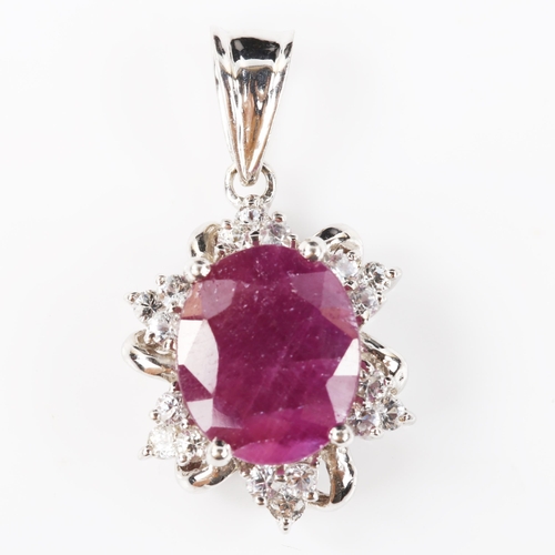 331 - A modern 9ct white gold ruby and white sapphire pendant, pendant height 27.9mm, 3.9g