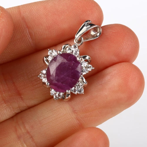 331 - A modern 9ct white gold ruby and white sapphire pendant, pendant height 27.9mm, 3.9g