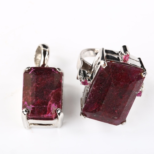 334 - A modern silver and ruby matching ring and pendant set, ring setting height 30.1mm, size Q, pendant ... 