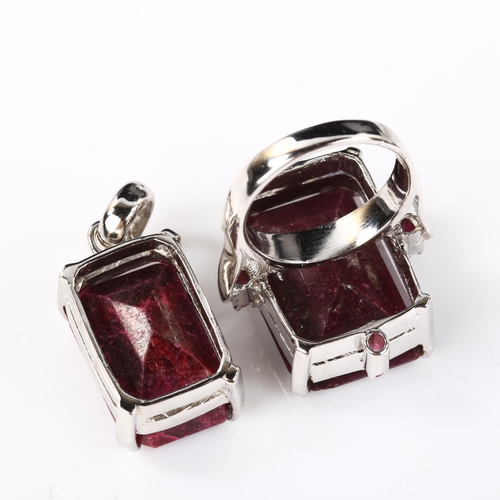 334 - A modern silver and ruby matching ring and pendant set, ring setting height 30.1mm, size Q, pendant ... 