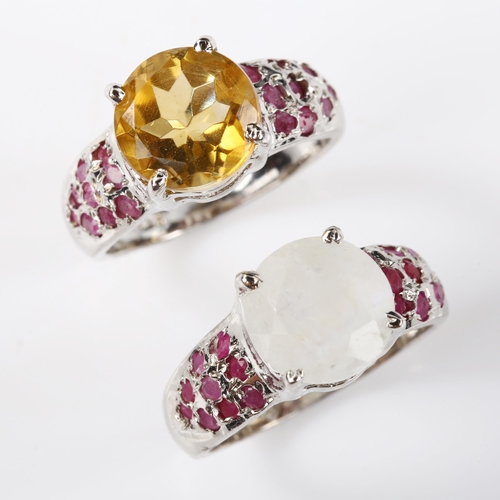 335 - 2 modern silver stone set rings, gemstones include moonstone citrine and ruby, sizes O and P, 11.6g ... 