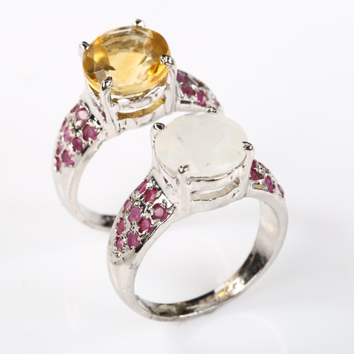 335 - 2 modern silver stone set rings, gemstones include moonstone citrine and ruby, sizes O and P, 11.6g ... 